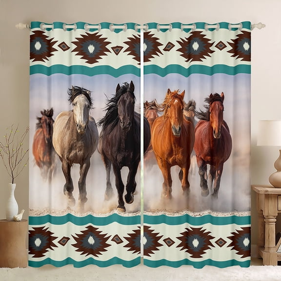 Homewish Teens Galloping Horse Blackout Curtains Set of 2 (52x84 Each),Tribal Aztec Window Curtains,Western Farmhouse Curtains and Drapes,Breathable Home Decor