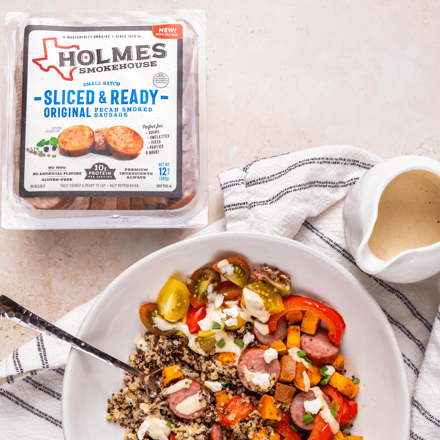 Holmes Smokehouse Smoked Sliced Pork Sausage, 12oz, Fully Cooked, Gluten-Free, Refrigerated, Vacuum Sealed