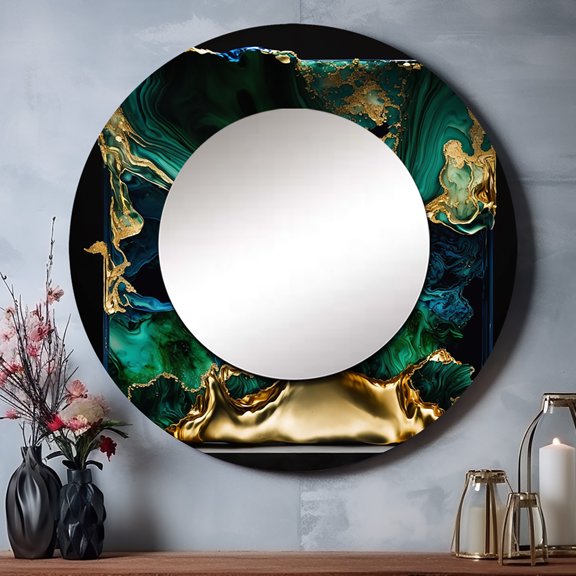 Designart "Emerald and Azure Geode Marble I" Marble Abstract Rund Mirror For Wall Decor - Large Green Round Printed Mirror -Modern Round Living Room Mirror - 23" x 23"