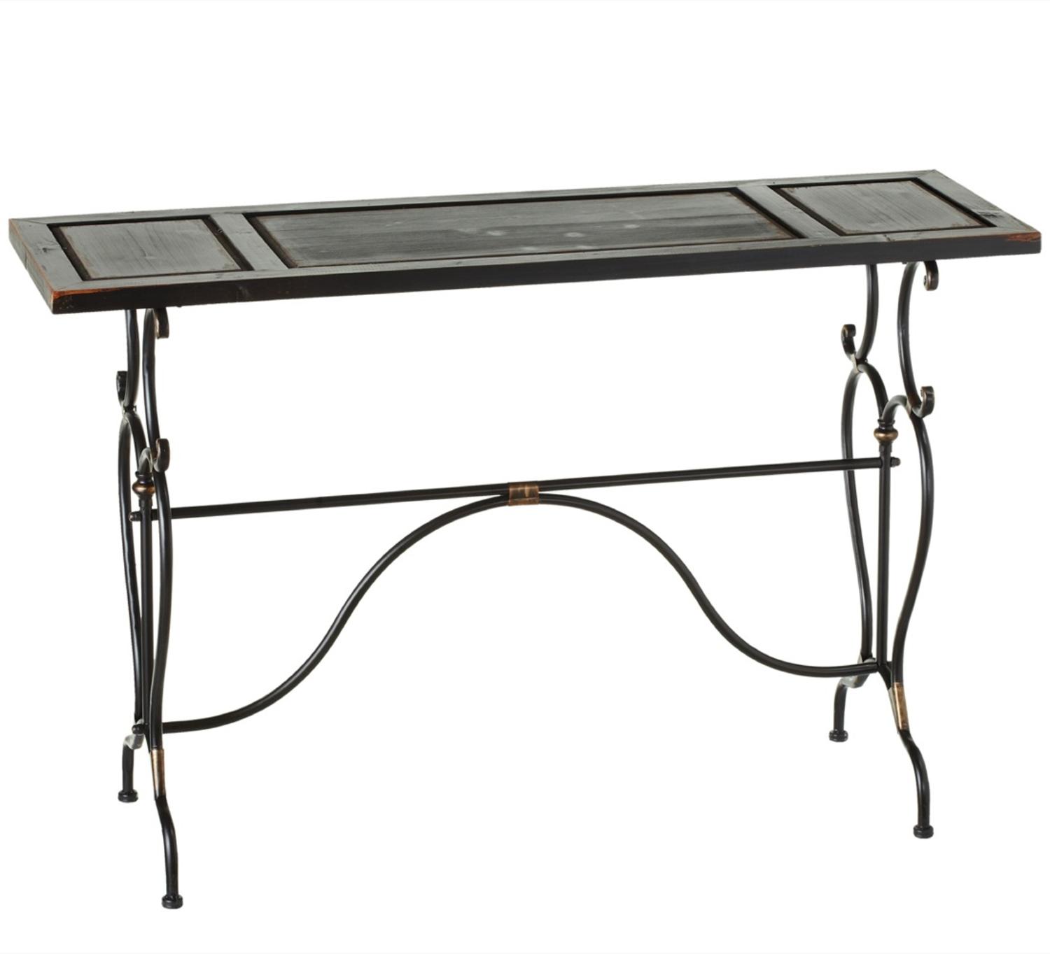 51.25" Distressed Black Wooden Console Table with Iron Scroll Base