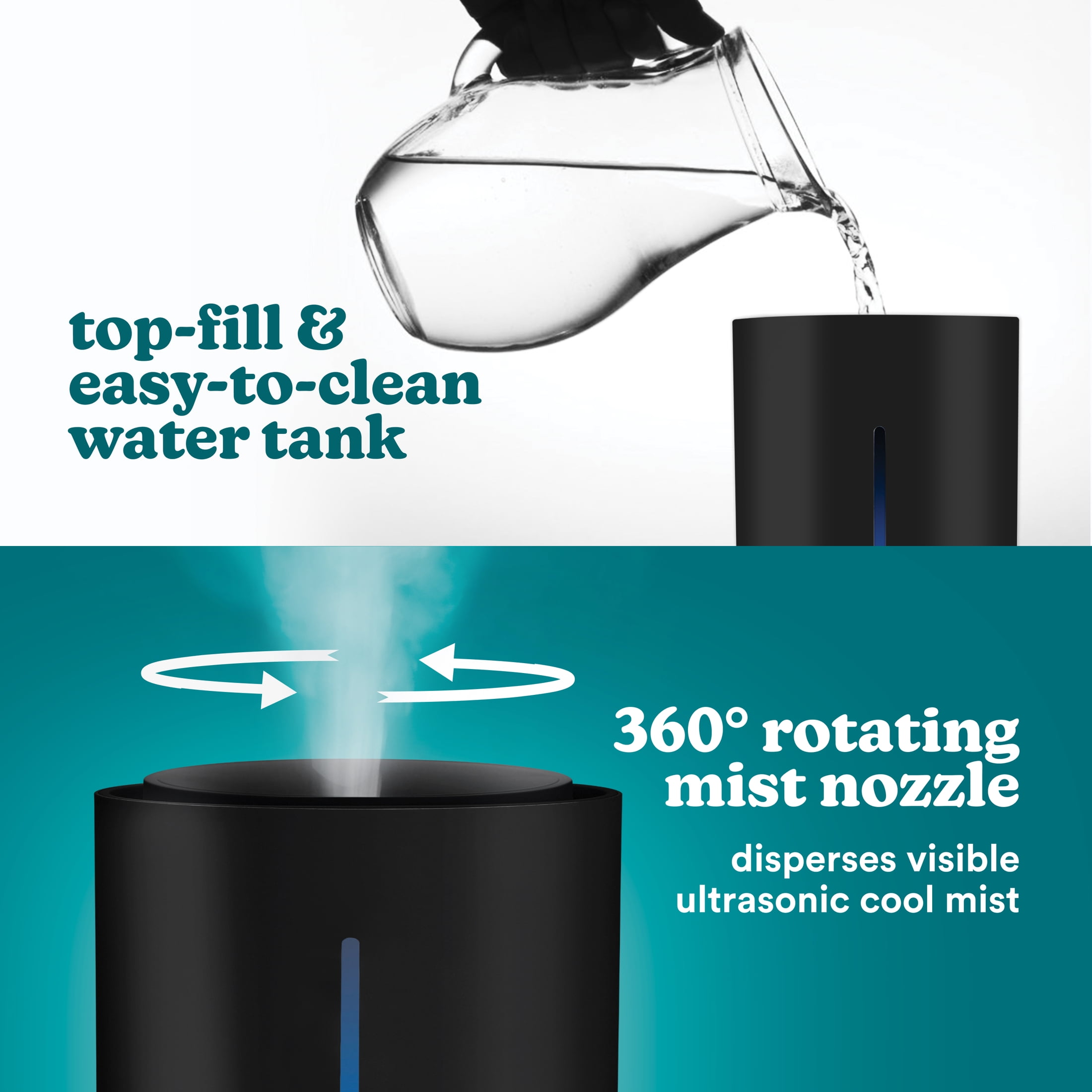 Homedics Ultrasonic Humidifier, Cool Mist, Easy Top Fill with up to 44 Hour Run Time, .96 Gallon, Black