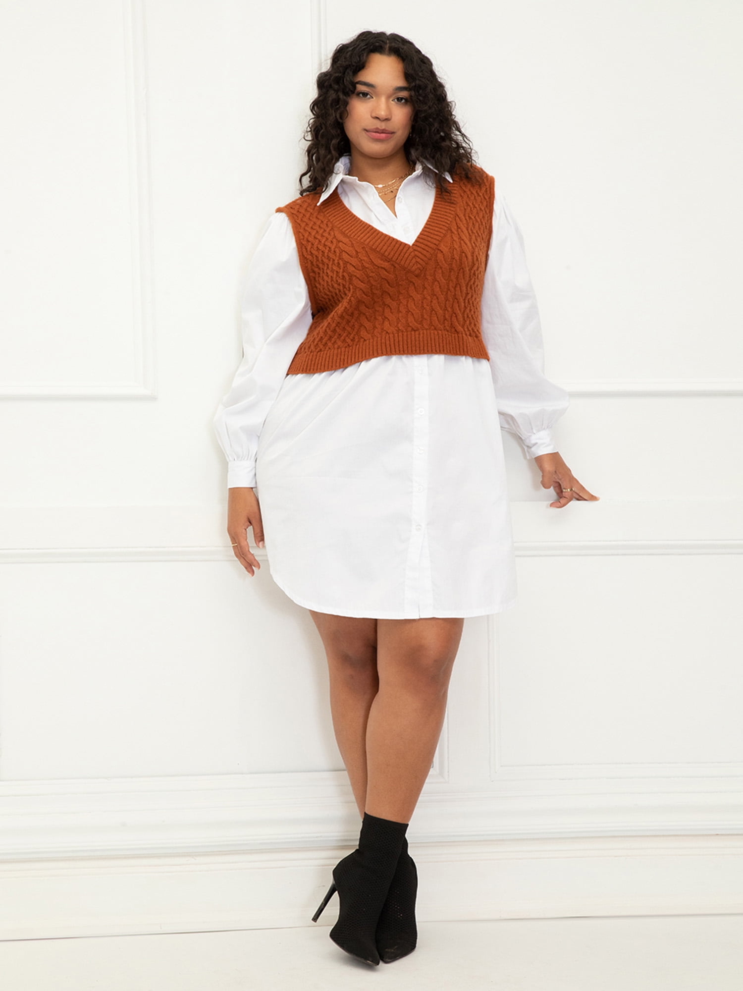 ELOQUII Elements Women's Plus Size Shirt Dress With Sweater Vest -  Walmart.com