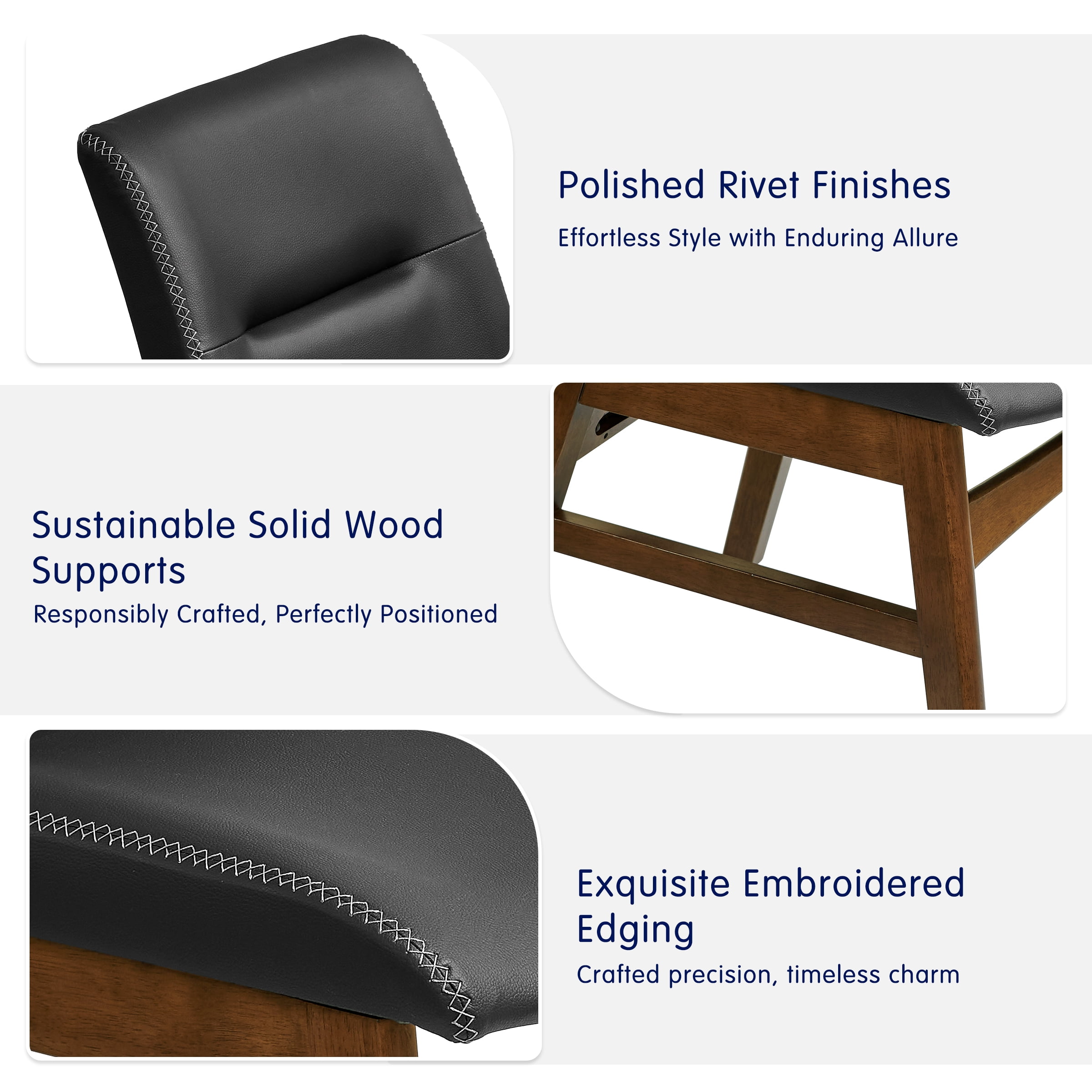 DyFun Leather Dining Chairs Set of 2 with Solid Wood Legs and Elegant Stitching for Kitchen and Dining Room, Black
