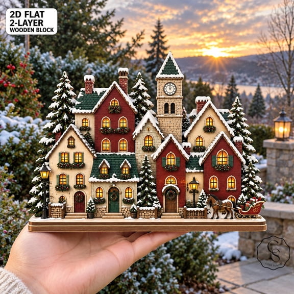 2-Layer Wooden Block European Christmas Village, Freestanding Winter Tabletop Display for Holiday Decor