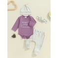 thumbnail image 2 of FEORJGP Toddler Baby Girl 4 Piece Outfits 0 3M 6M 12M 18M Infant Long Sleeve Rompers Letter Embroidery Jumpsuits Crew Neck Bodysuits Elastic Waist Pants Solid Trousers Hat Headband Set for Spring Fall, 2 of 8