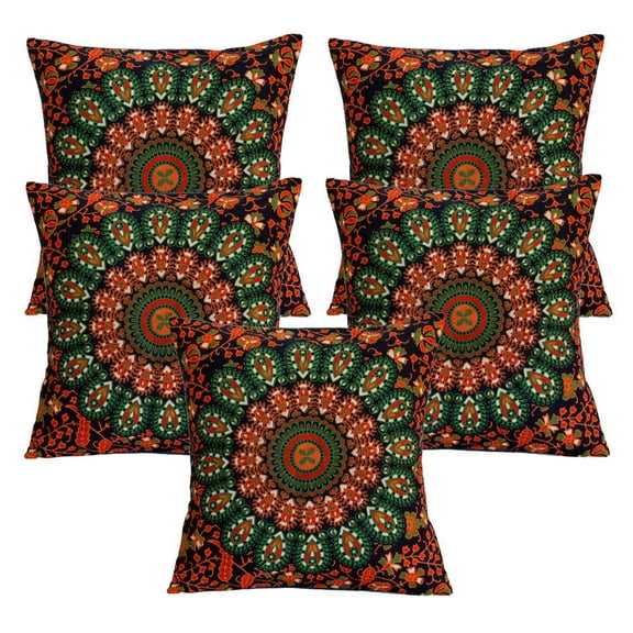 Stylo Culture Indian Sofa Throw Pillow Covers 16x16 Peacock Eye Printed Dark Blue Traditional 40 x 40 cm Home Decor Cotton Mandala Square Cushion Covers | Set Of 5