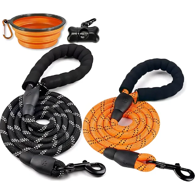 Wolfi Set De 2 Correas Para Perro De 1.5 M Con Plato Plegabl Color Negro y Naranja