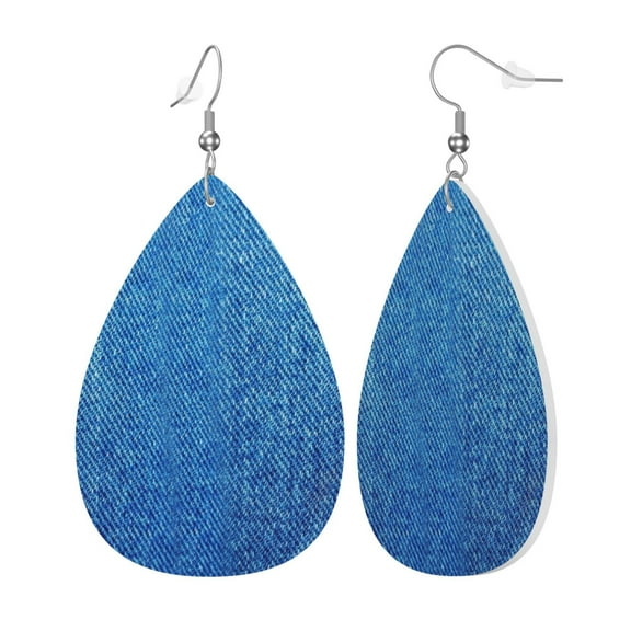 Faux Leather Teardrop Earrings Denim Blue Printed Dangle Earrings Lightweight Drop Earrings