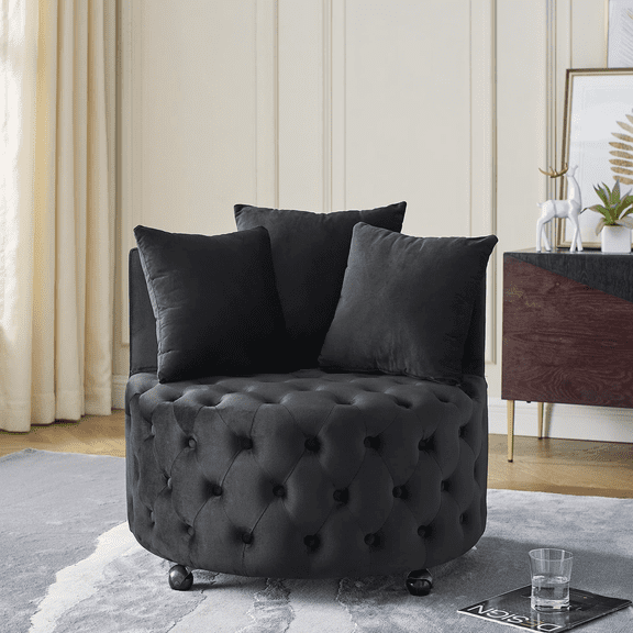 EHANCIS Swivel Barrel Chair Round Velvet Accent Lounge, 3 Pillows Included, Comfy Circle Club Armchair, Modern Sofa Chair for Living Room Bedroom, Black