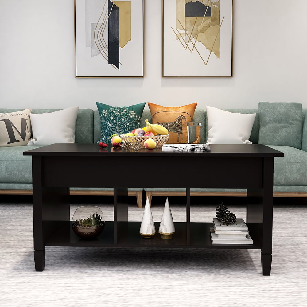 Lowestbest Wooden Lift Top Coffee Table, Dining Table w/Hidden Storage Compartment & Lower 3 Cube Open Shelves, Black