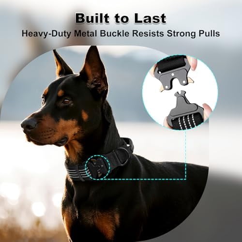 Tactical Dog Collar with Tracker Pocket for AirTag, Adjustable Reflective Nylon Collar, Metal Buckle, Leather-Wrapped Handle, Soft Padded for Medium Large Dogs (Black, S)