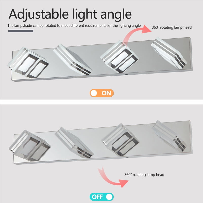 26" Modern Chrome 4-Light LED Vanity Light, Square Acrylic Lampshades Wall Mount Fixture for Bathroom, Mirror Lighting