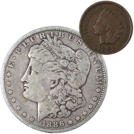 1886 O Morgan Dollar F Fine 90% Silver Coin with 1901 Indian Head Cent G Good
