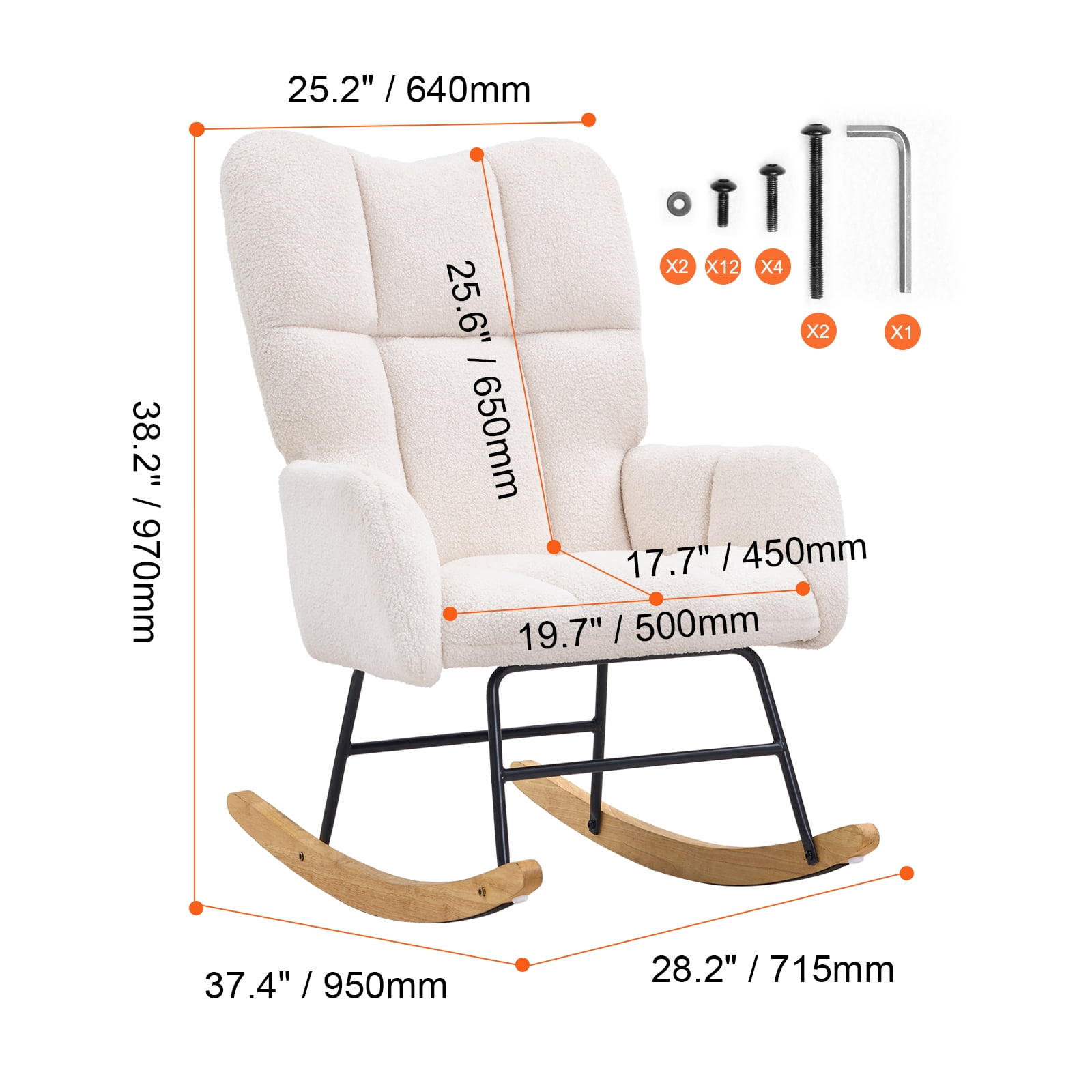 VEVOR Rocking Chair Nursery, Glider Rocking Chair with Soft Seat and High Backrest, 250 lbs Weight Capacity Teddy Fabric, Upholstered Glider Rocker Chair for Nursery, Bedroom, Living Room,Ivory White