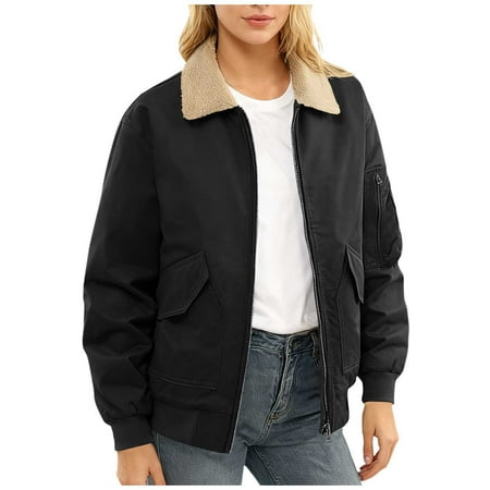 Womens Winter Jacket Thick Sherpa Fleece Lined Full Zip Warm Trendy Casual Thermal Jacket with Pockets (L Black)