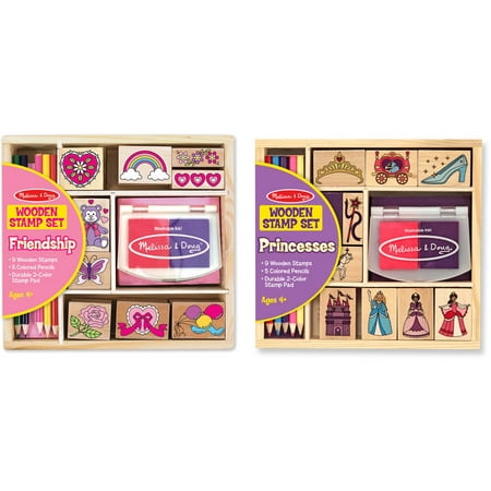 Melissa & Doug Wooden Stamps, Set of 2 - Princess and Friendship, With 18 Stamps, 10 Colored Pencils, and 2 Stamp Pads