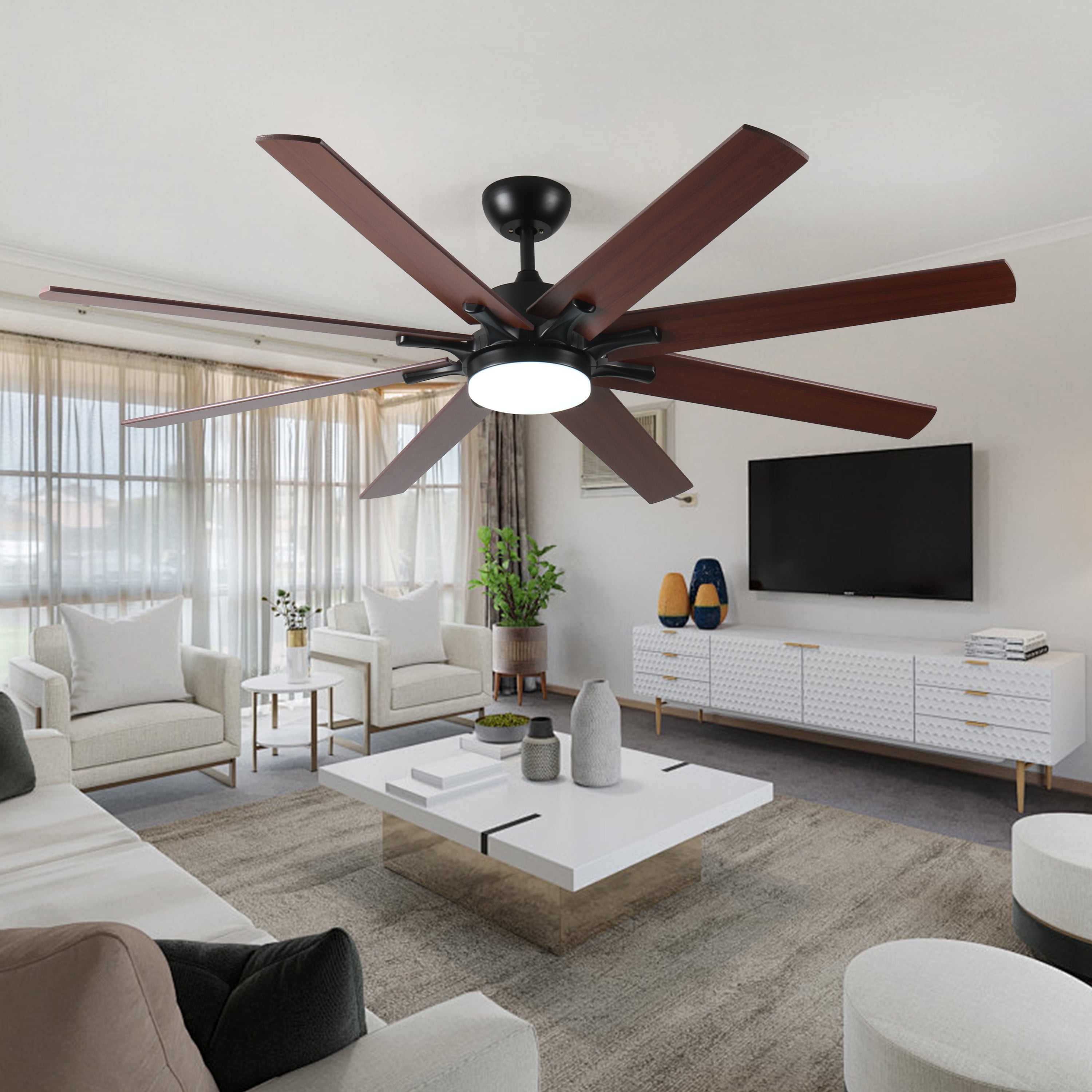 Ceiling Fan with Lights, 72 Inch Large Modern Remote Ceiling Fan for Kitchen Living Room Indoor Outdoor Space, Black Dark Walnut