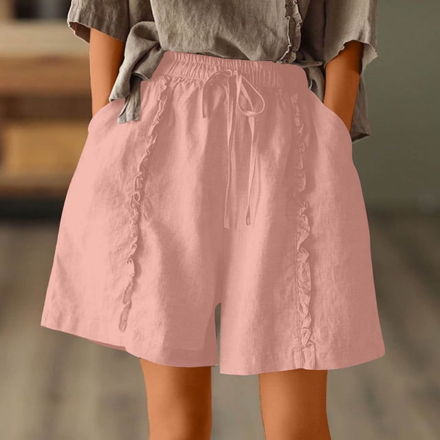 LOVZFMLL Linen Shorts For Women,Women Summer High Waisted Linen Short Wide Leg Shorts With Pockets Pink L