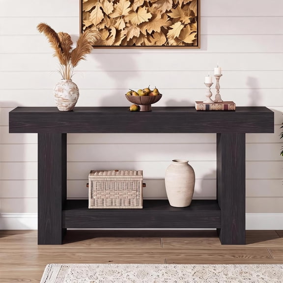 TacleeKii Farmhouse Console Table - 2-Tier Storage, 63" Black Finish for Entryway
