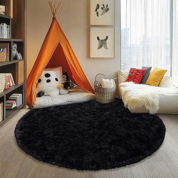 Socofuz Soft Modern Indoor Fluffy Rug for Living Room, Non-Slip Shaggy Carpet for Dorm Kids Room Nursery Home Decorative, Round 7x7 FT Black