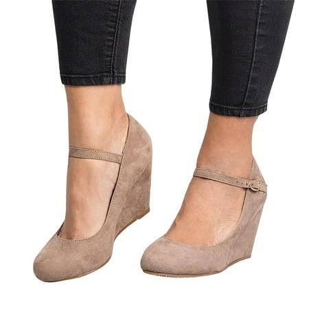 

Dellytop Womens Mary Jane Pumps Ankle Strap High Heel Round Toe Wedge Shoes