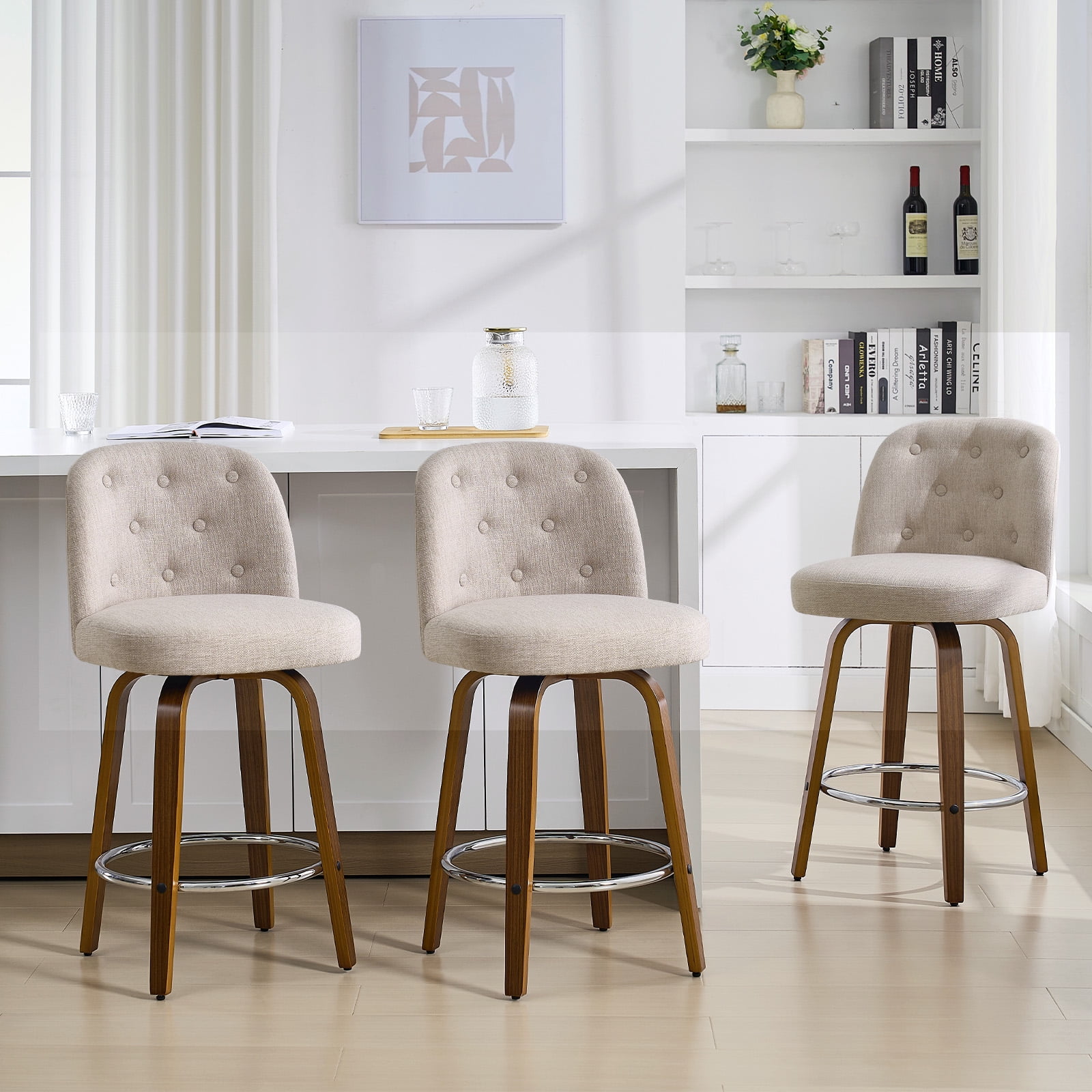 Foreate Swivel Bar Stools Set of 1, 26" Upholstered Linen Fabric with Button-tufted Mid-Back & Wood Legs, Modern Chair Kitchen Pub Island Counter Stool
