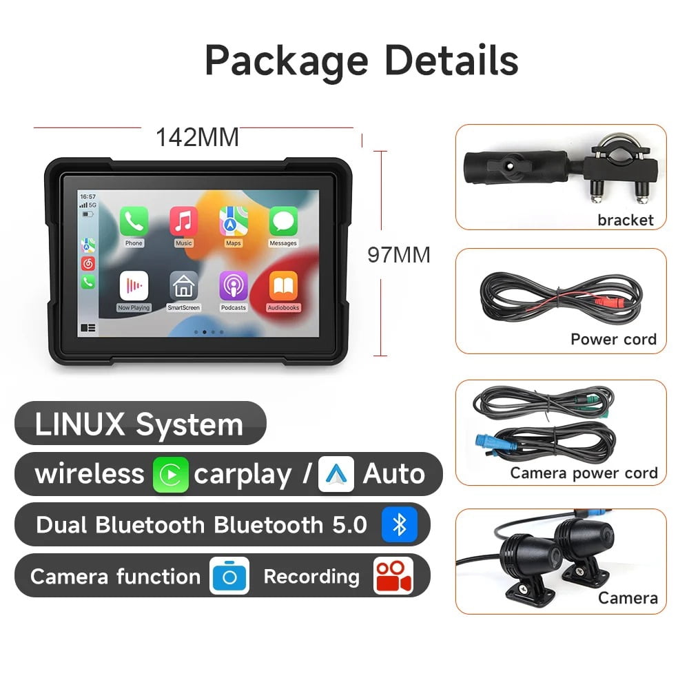 5 Inch Portable Motorcycle GPS Navigation Wireless Apple Carplay Android Auto Waterproof Display Moto IPS Screen IPX7