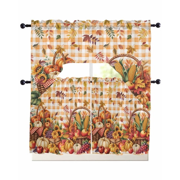 Plaid Pumpkins Fall Swag Kitchen Curtains Sets for Windows 24 Inch Length, Harvest Thanksgiving Botanical Leaves Short Window Curtain Panels Swags Valances and Tiers 3 Piece Set for Cafe/Dining Room
