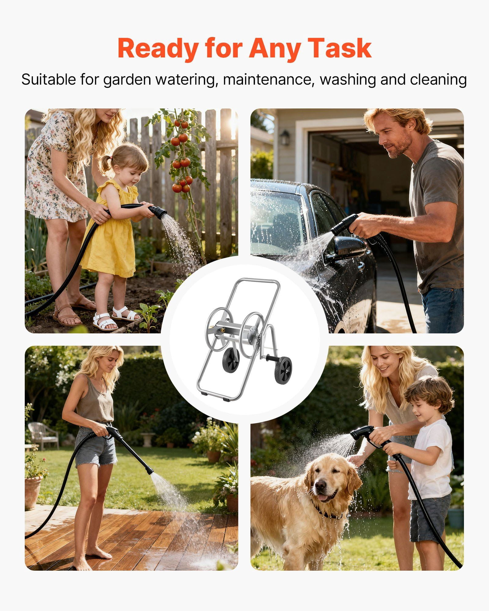 Heavy Duty Powder Coated Steel Hose Reel Cart with Wheels Holds 175 ft of 5/8 Inch Garden Hose Mobile Outdoor Yard Lawn Planting Tool