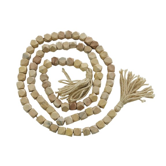 DecMode Brown Wood Bohemian Garland Décor with Geometric Bead Details and Cream Cotton Tassel, 81"L