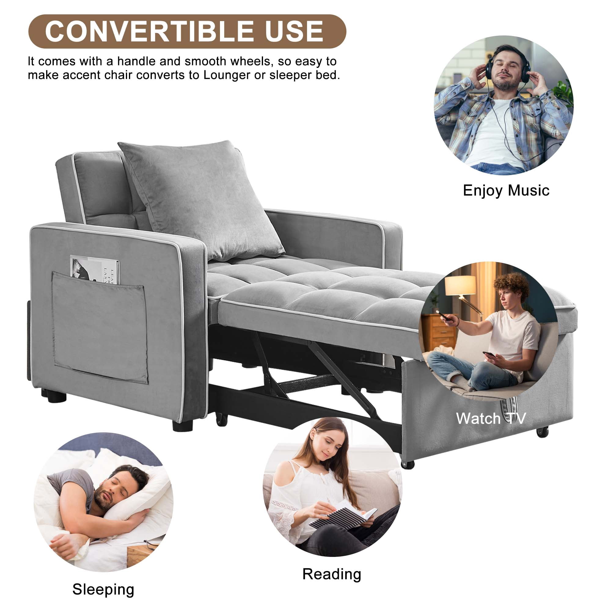 Aukfa Sleeper Chair Bed, Convertible Pull Out Sofa Bed for Living Room Apartment, Gray