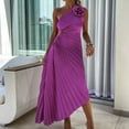thumbnail image 3 of Women's Sleeveless One-Shoulder Pleated Waist Cutout Maxi Dress Solid Color Asymmetrical Hem Evening Gown, 3 of 5
