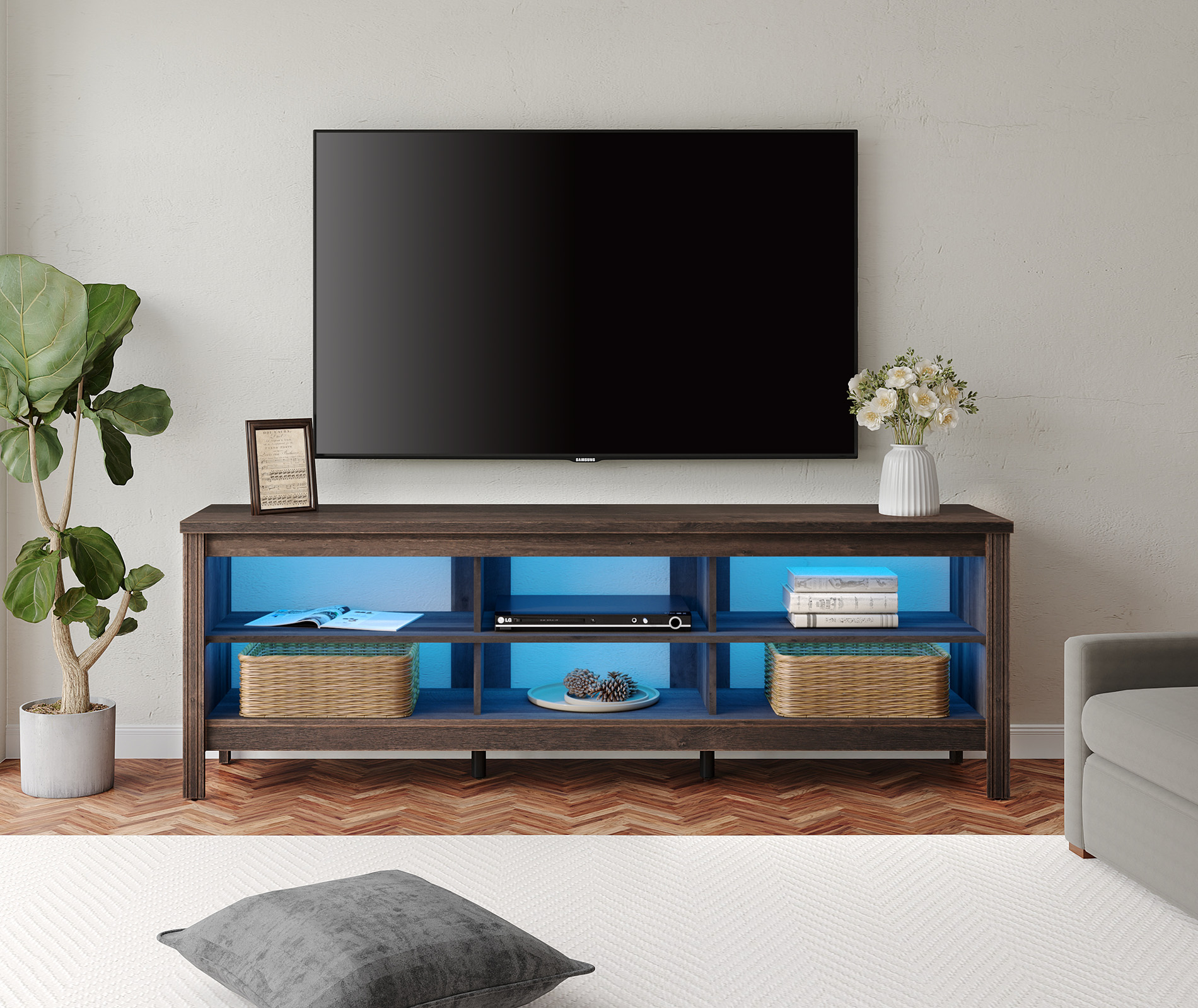 TV Stand for 75 Inch TV Stands with LED Lights, Media Console Entertainment Center Television Table with Open Shelves for Living Room, Black 70 inch