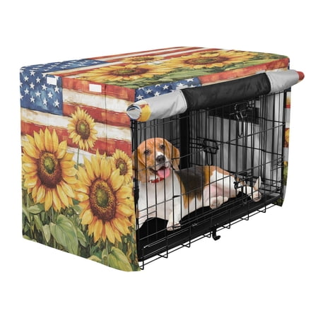 Qxltty Sunflower American Flag Crate Cover Durable Oxford Cloth Pet Kennel Sunshade Universal Fit for 35in Wire Cage