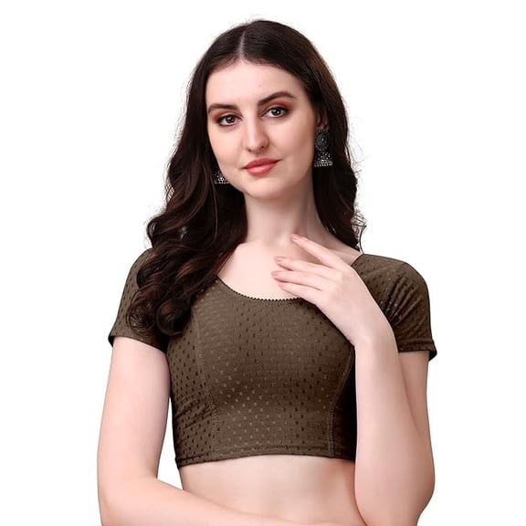 Round Neck Dobby Cotton Stretchable Short Sleeve Readymade Saree Blouse (Brown, XL)