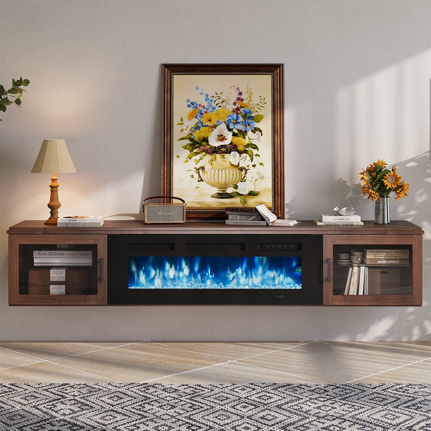 Sonegra Floating Fireplace TV Stand for TVs up 80", Wall Mounted Fireplace Entertainment Center, 70" Console Table with Electric Fireplace, Brown