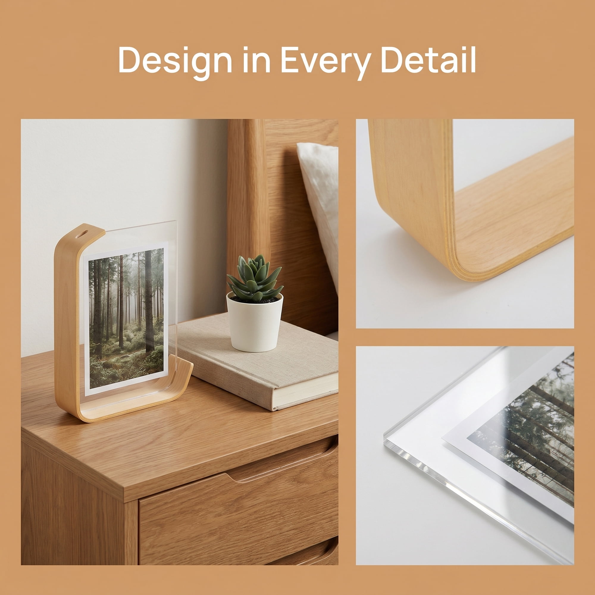 Unique Bargains Double Sided Acrylic Photo Frame with MDF Base Natural Wood Color 5" x 7"