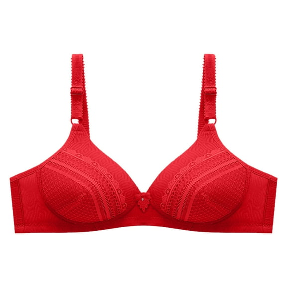 Cotton Bras Women Bra No Underwire Lace Comfortable Breathable Bras Tops Solid Underwear V-Neck Padded Bra Feature Hook and Eye Closure Training Bra Style Y-331 , Red L