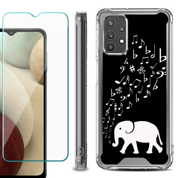 Shockproof Bumper Phone Case for Samsung Galaxy A32 5G, with Tempered Glass Screen Protector, by OneToughShield ® - Elephant Music