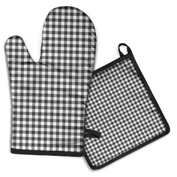 Black White Gingham Checkered Pattern Kitchen Oven Mitt and Pot Holder Sets 2 Pcs for Baking, Cooking and Grilling, Heat Resistant Up To 392 °F