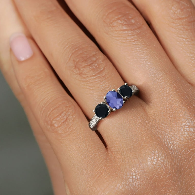 指輪・リング LC 686 IOLT Gem Stone King 1.69 Ct Oval Checkerboard Blue Iolite Black