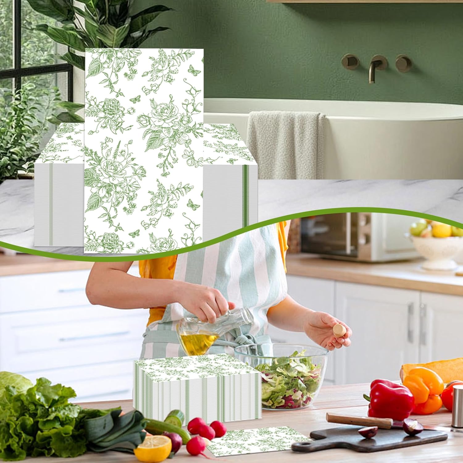 100 PCS Green Disposable Hand Towels, Decorative Flower Guest Napkins, 3 Ply Chinoiserie Green Floral Napkin Home Party Guest Bathroom Napkin Bridal Shower Wedding, Decorative Napkins
