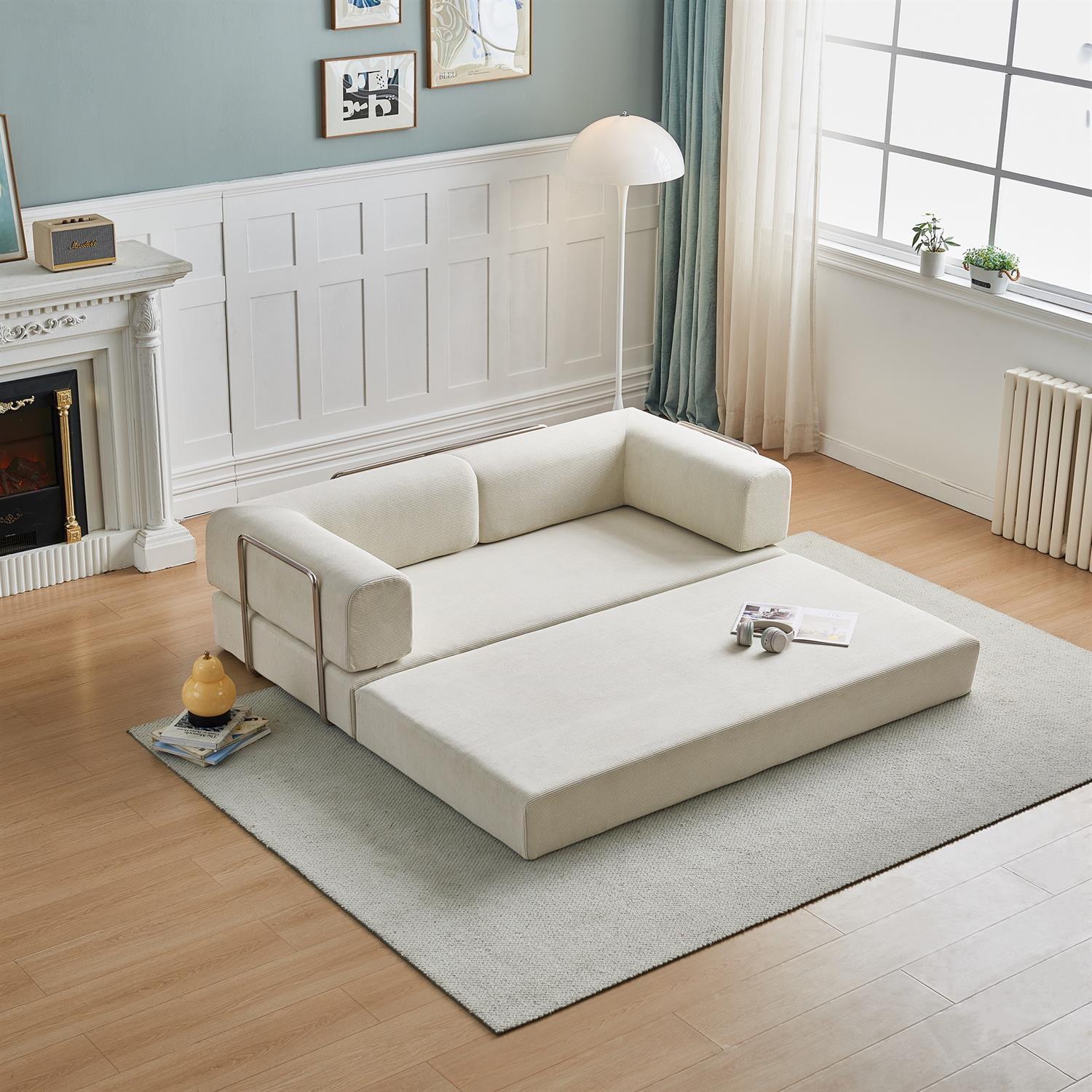 Demi Bonn 74" Ergonomic 3-Seater Corduroy Sofa Bed for Small Spaces, Apartments, Easy Assembly, Modern Couch Furniture for Living Rooms, White