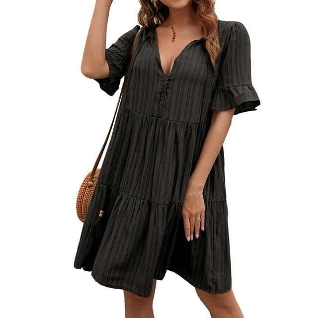 ITFABS Femmes Robe à Manches Courtes avec une Version Ligne, Simple Style de Couleur Unie V-Cou Vêtements d'Été