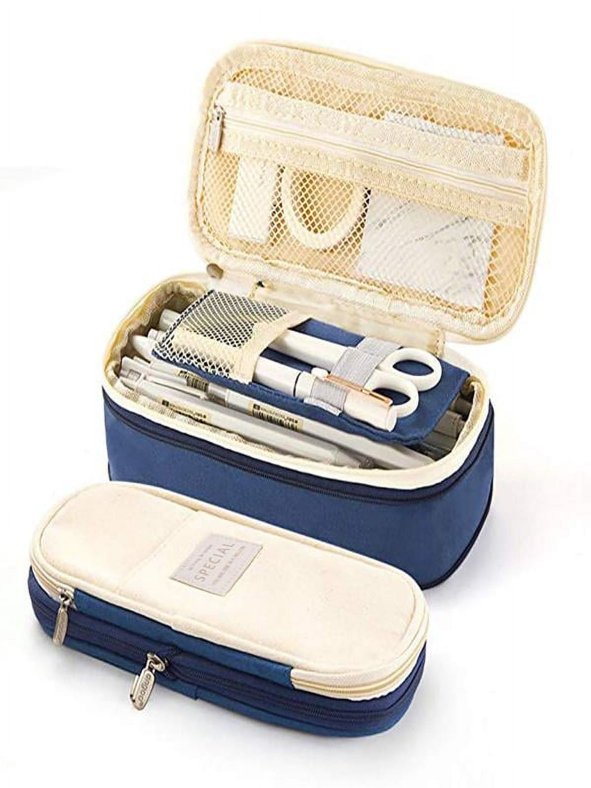 Wrjufa Large Capacity Zipper Pencil Case Pen Pouch Bag Office Student Canvas Stationery Navy