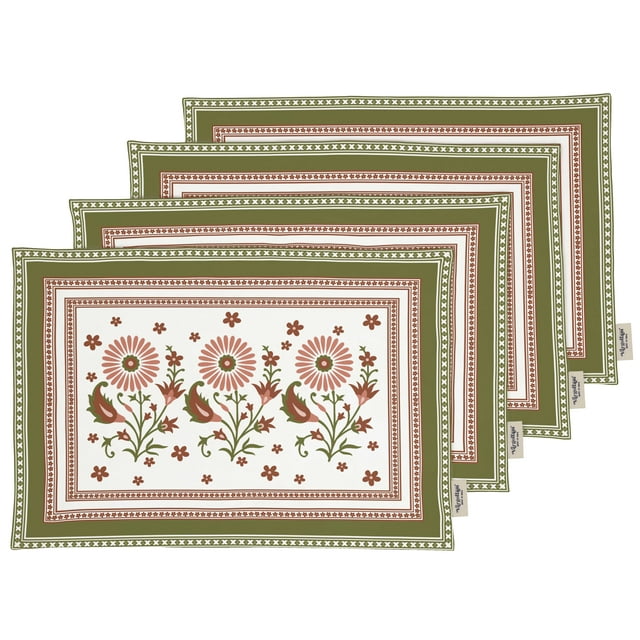 Vargottam Napperons - Ensemble de Table pour Table à Manger, Ensemble de 4 - Imprimé & Réversible Serviette en Coton - Napperons d'Intérieur pour Maison & Cuisine Table à Manger - Bloc Asiatique (Blanc & Vert)