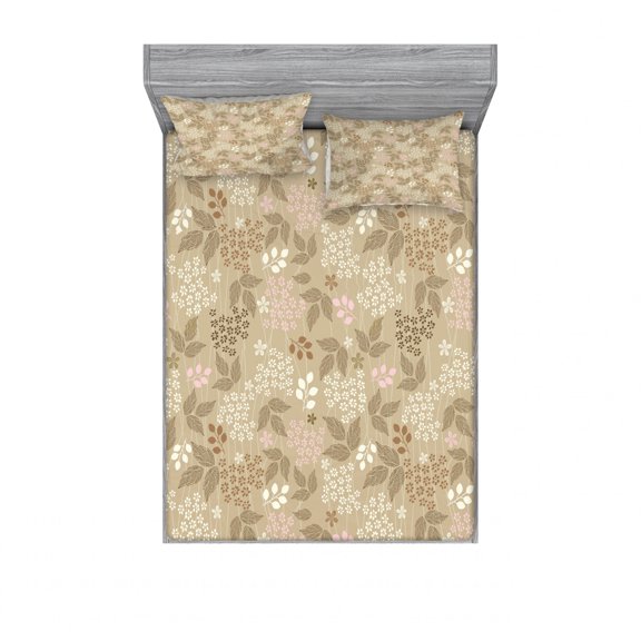 Ambesonne Floral Fitted Sheet & Pillow Sham Set, Daisies Romantic Ornate, Queen, Tan Pink Cream