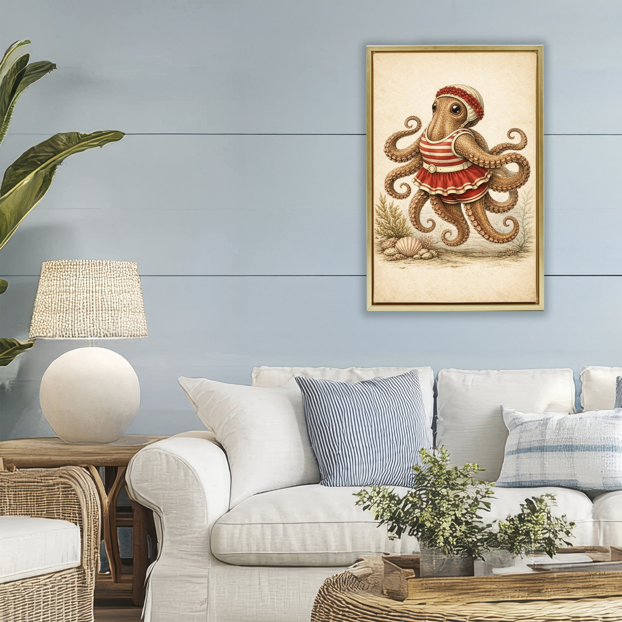 Stupell Industries Octopus of Maritime Bathing Society Gold Framed Floater Canvas Wall Art, design by Grotto Studios