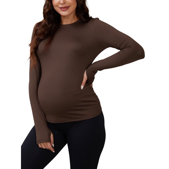 Camiseta de maternidad ajustada Inspire Chic, de manga larga elástica, con agujeros para los pulgares, cuello redondo, top de yoga para el embarazo, color marrón