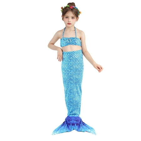 Kids Girls Bathing Suits Bikini Fish Tail Set Summer Beach Outfit 3 Pieces Bathing Suits Light Blue 8-9 Years
